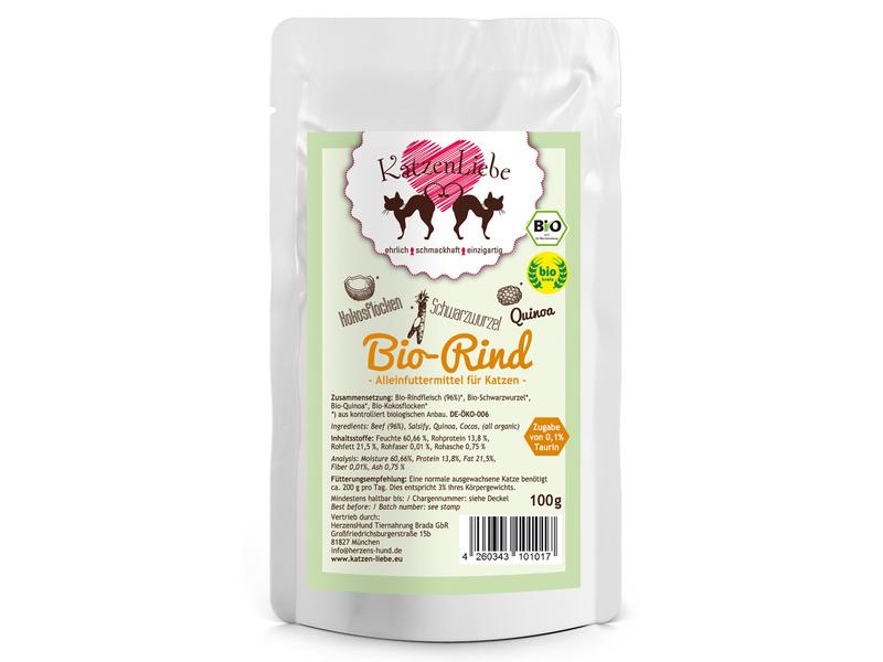 KatzenLiebe Nassfutter Bio-Rind mit Bio-Schwarzwurzel, 100 Premium Bio-Ergänzungsfuttermittel für erwachsene Katzen