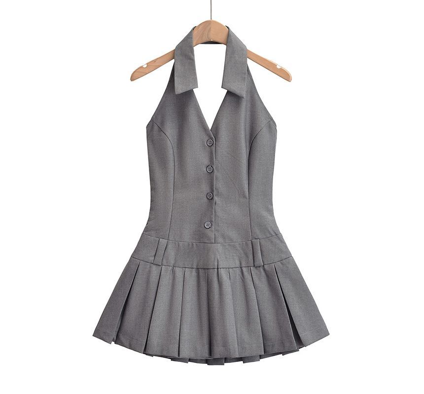 Faiar - Halter-hals geknoopt detail open rug geplooide mini A-lijn jurk
