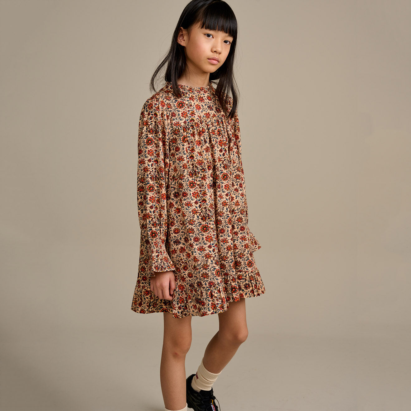 Bellerose Robe baby-doll en Coton & Laine Illy à fleurs beige/orange
