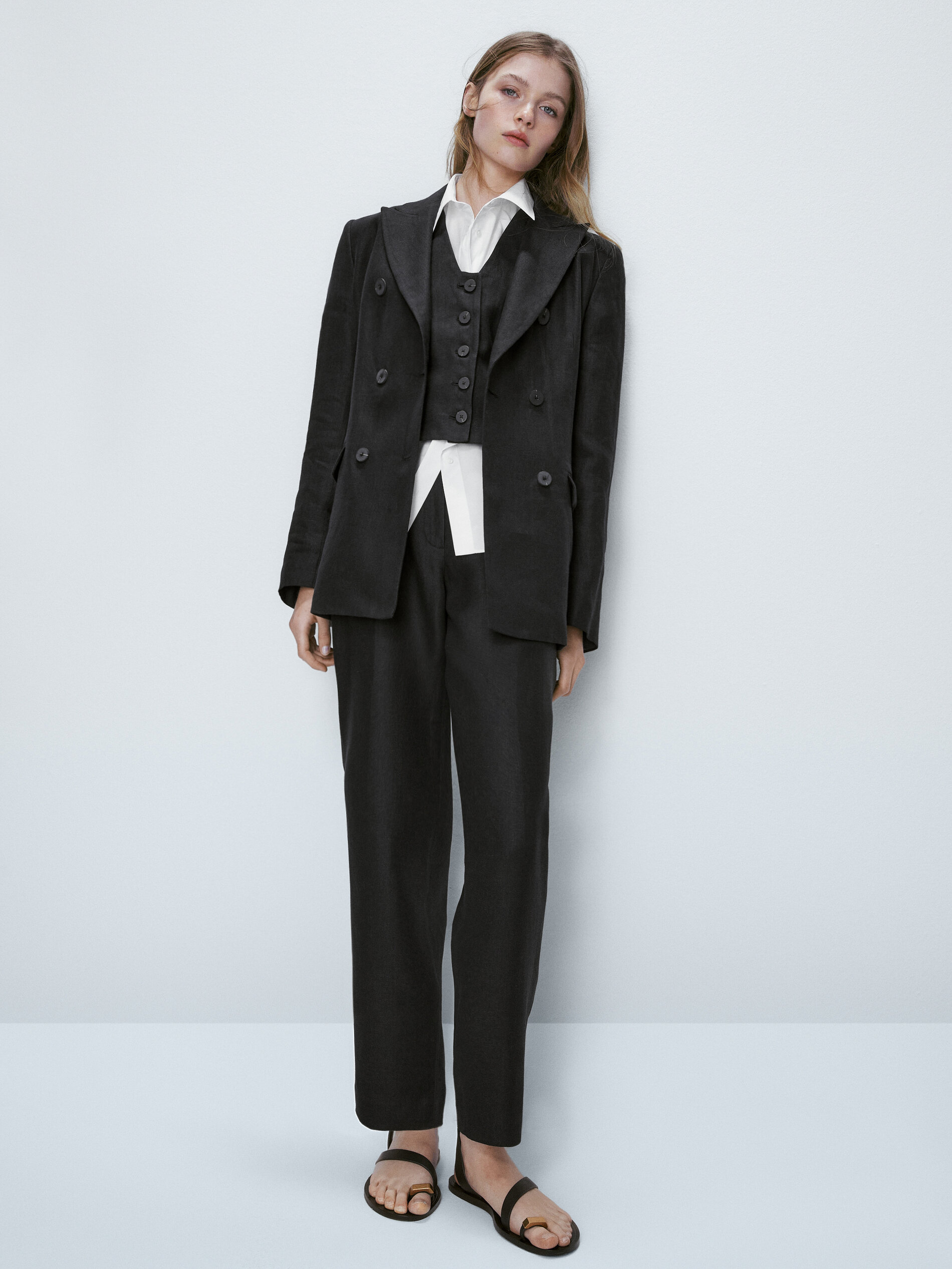 Americana traje cruzado 100% lino - NEGRO