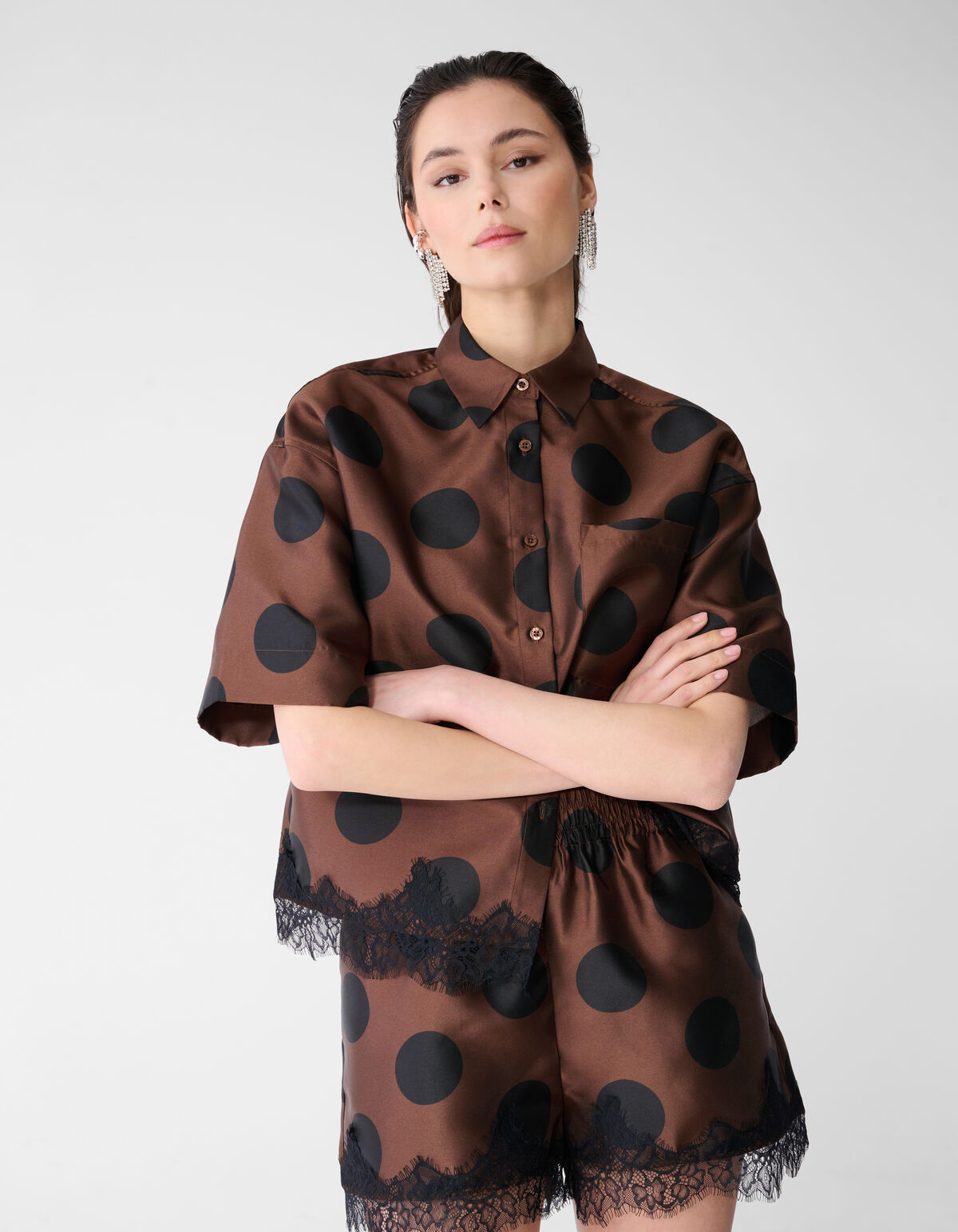 Oversized Kanten Polkadot Blouse Bruin