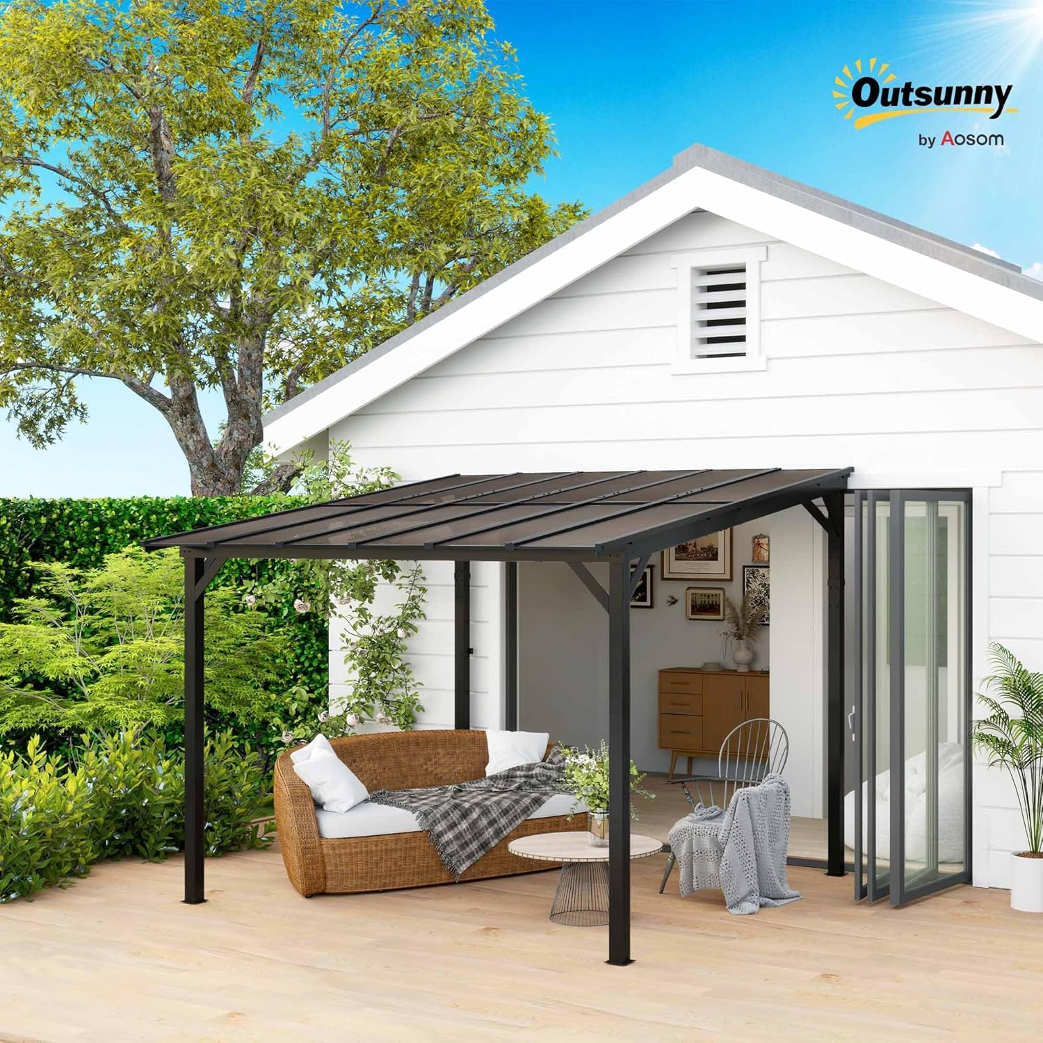 Outsunny Pergola Pavillon ca. 3x3m, Wasserdicht, Stabil, Winterfest Terrassenüberdachung mit UV-Schutz 50+, Wandmontiert Gartenpavillon aus Metall, Sonnenschutz für Garten Terrasse Balkon Dunkelgrau