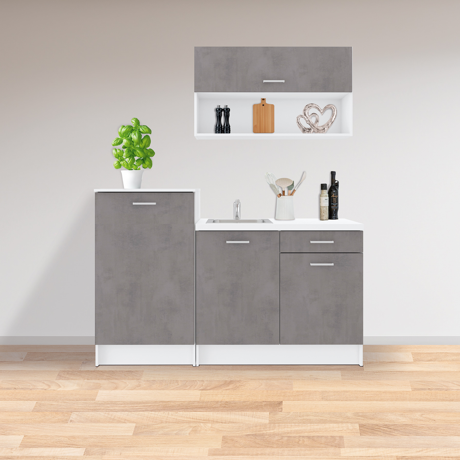 Single-Küche - Betonoptik - weiß matt - mit Kochfeld und Spüle - 160 cm
