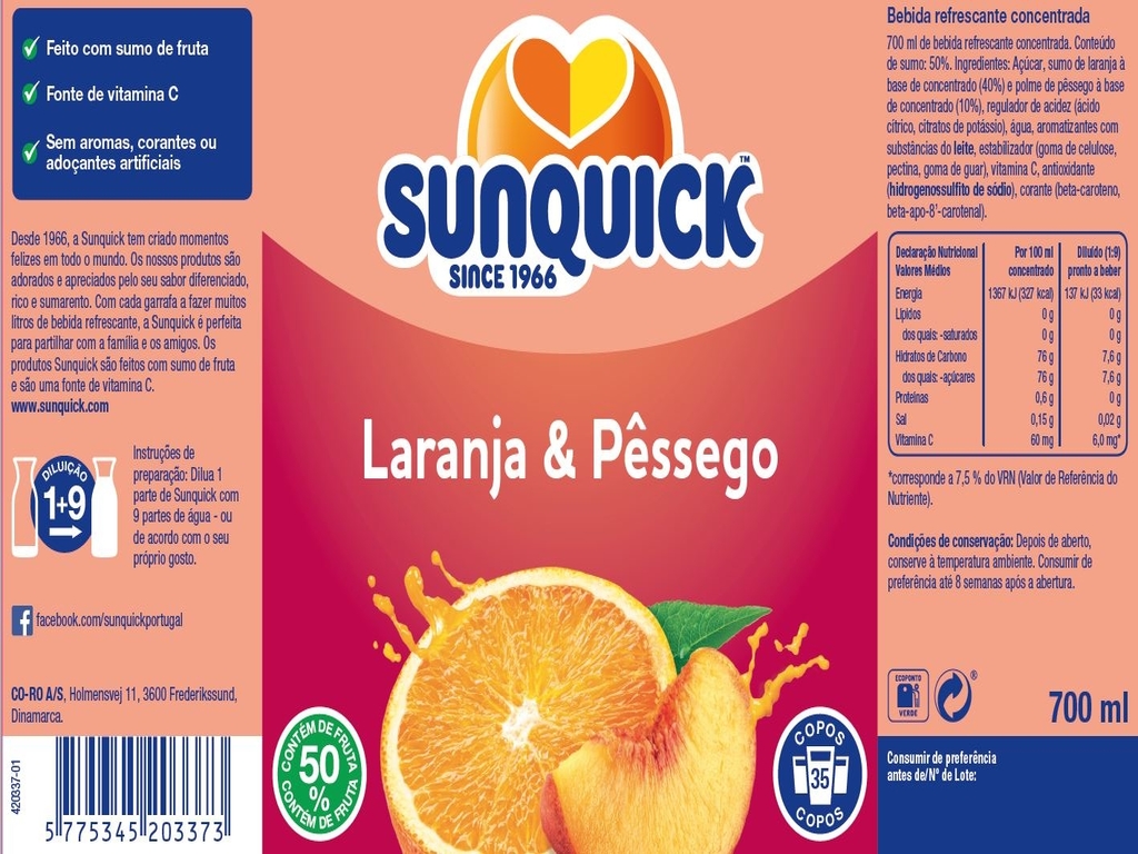 CONCENTRADO SUNQUICK LARANJA & PÊSSEGO 0.70L