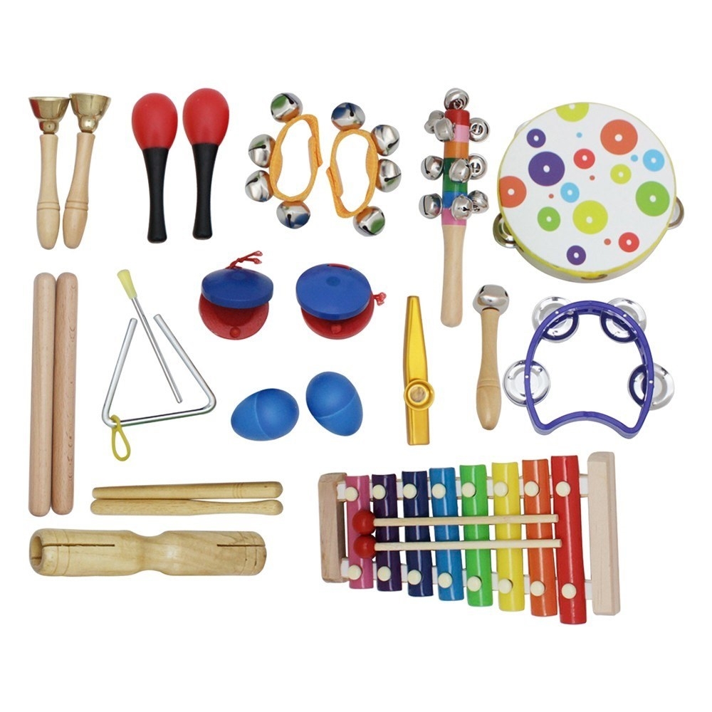 (15-tlg. Set) Kinder Spielzeug Musik Instrument Holz Set Rucksack mit Xylophon / Triangel / Rassel
