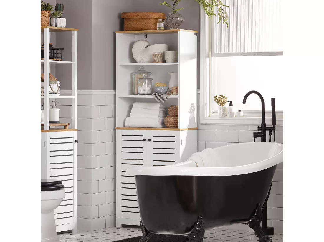 Meuble Colonne De Salle De Bain Armoire Haute Avec 3 Etagères Et 2 Portes Persiennes, BZr44-w