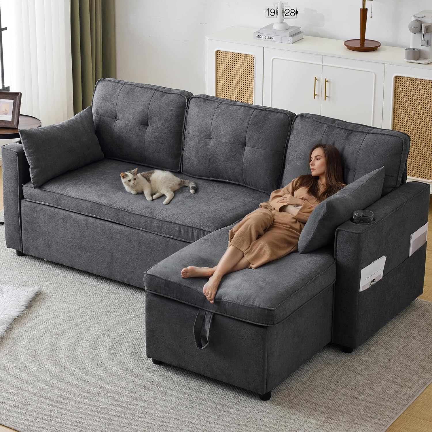Bladez L-förmiges Schlafsofa mit Stauraum Getränkehalter austauschbare Chaise Longue Modernes Ecksofa Wohnzimmer Sofa Baumwoll-Leinen (Grau, 3 Sitzer)