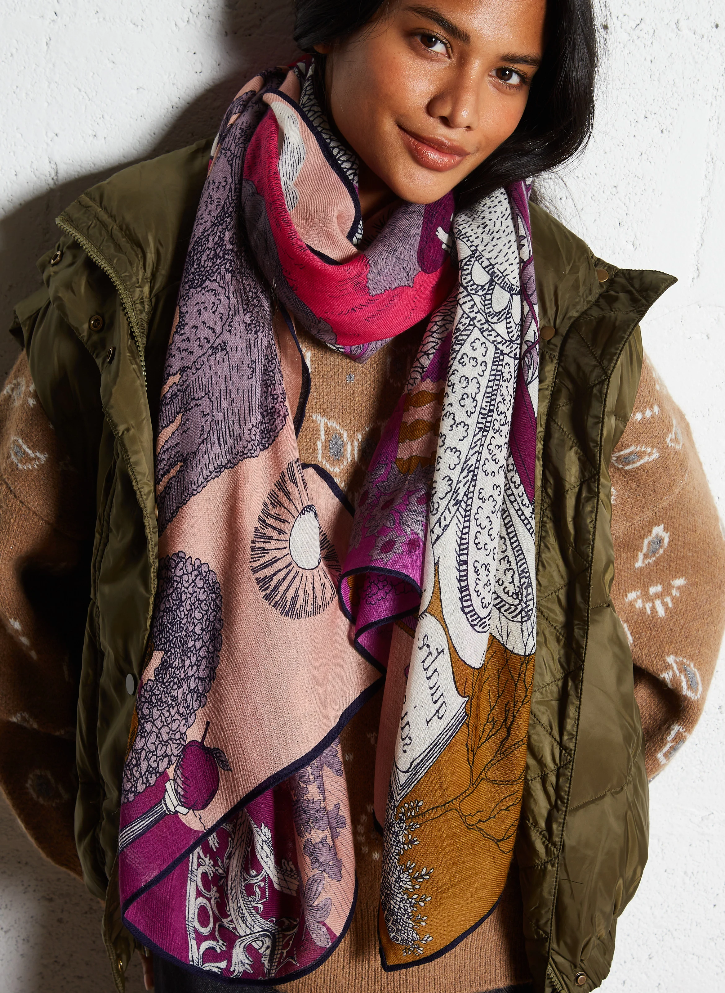 QUATRE SAISONS - Foulard en laine imprimé | Rose