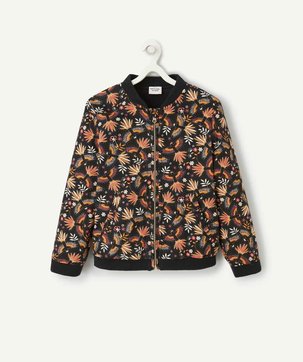VESTE BOMBERS FILLE EN COTON NOIR IMPRIMÉ OISEAUX