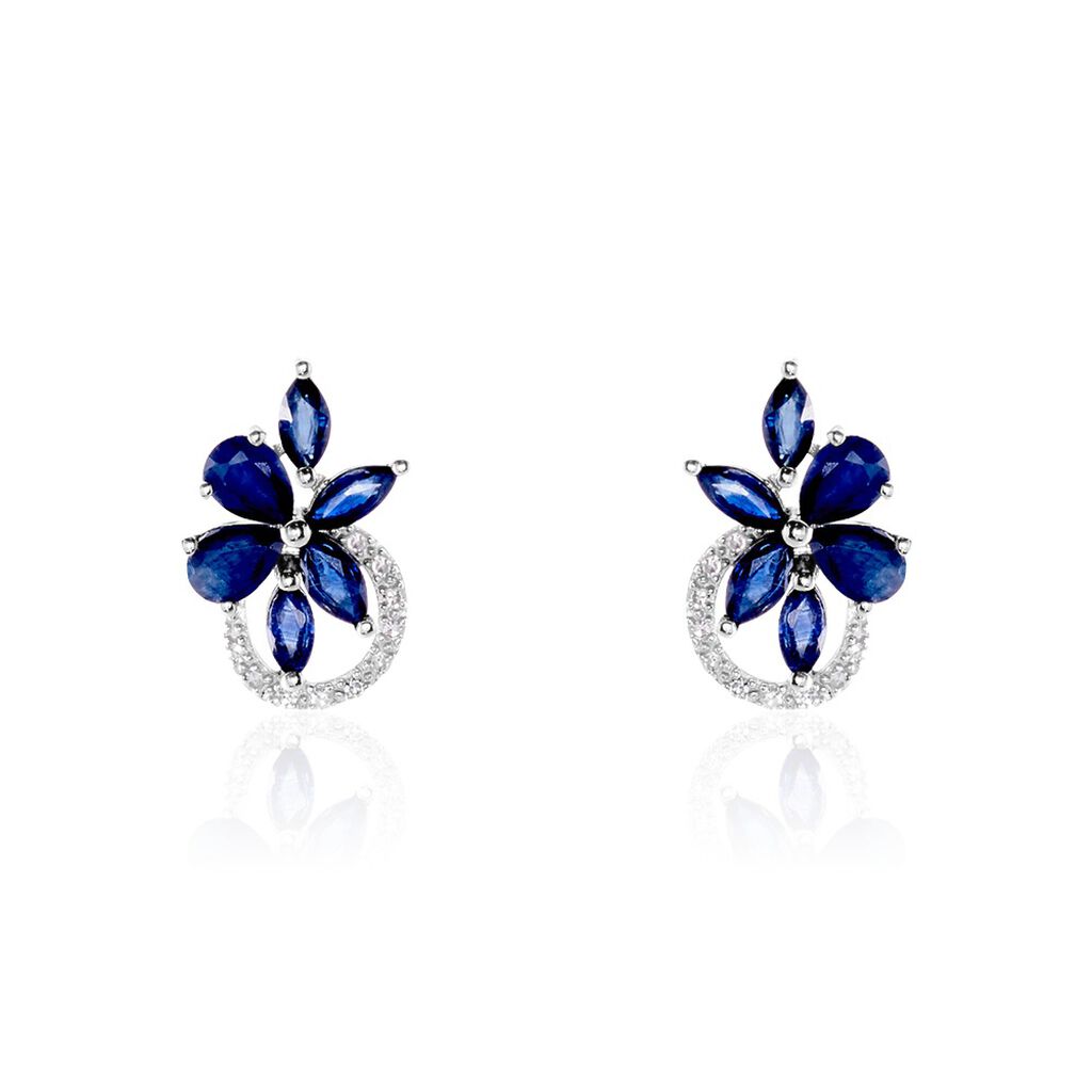 Boucles D'oreilles Puces Bouquet Or Blanc Saphir Et Diamant