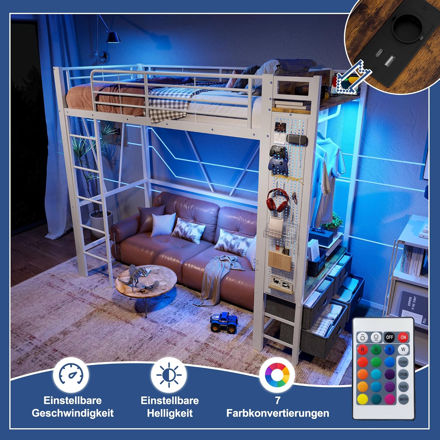 Kebnor Hochbett, Eisenrahmen, Mit Trockenstab, Mit Einlegeböden, 4 Schubladen, Mit USB+Type-C Steckdose, LED-Leiste, Geländer, Trittleiter, mit Lochbrett, ohne Matratze, 90 x 200cm (Weiß)