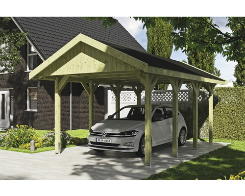 Enkele carport SKAN HOLZ Wallgau inclusief zwarte shingles en H-paalankers 380 x 600 cm geïmpregneerd