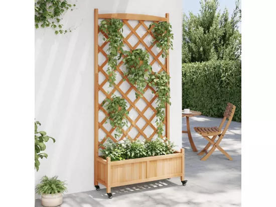 Jardinière avec treillis et roues marron bois massif de sapin