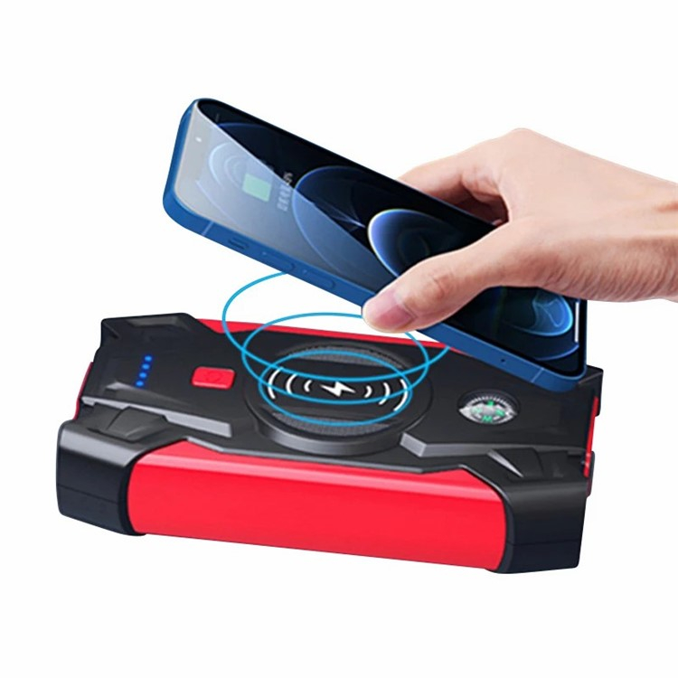 12000mAh Powerbank mit Jumpstart Power Starter Funktion Dual USB A und Qi Wireless   Auto Starthilfe Überbrückungskabel / LED Taschenlampe / Kompass - Rot / Schwarz