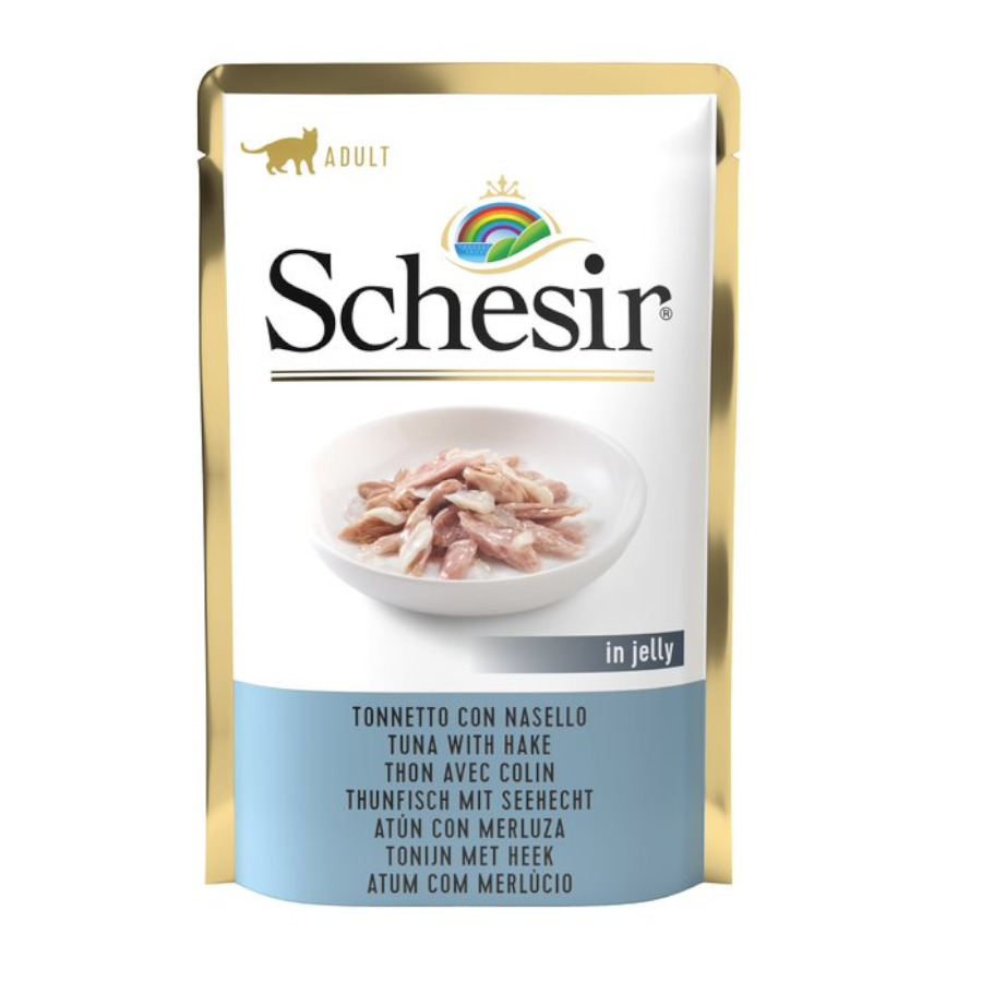 Sachê de 85g de atum e pescada Schesir para gatos adultos.