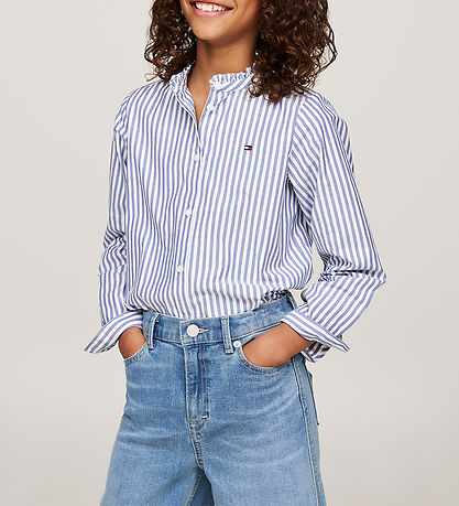 Tommy Hilfiger Bluse - Ruffle Kragen - Mid Blue/Optik White