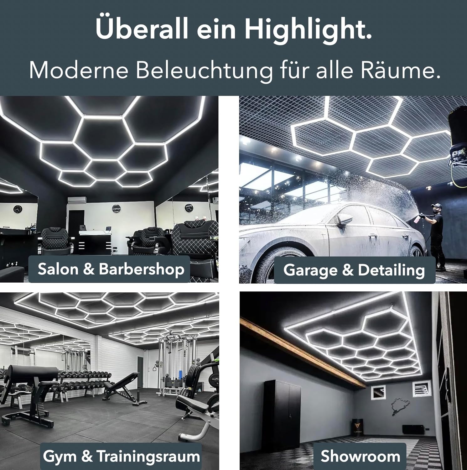 lambado® Hexagon LED Deckenleuchte | Garagenbeleuchtung LED Werkstattbeleuchtung | Fitnessstudio Barber Shop Salon Ausstellung | 14er Set inkl. Rahmen | Farbtemperatur 6500K Weiß