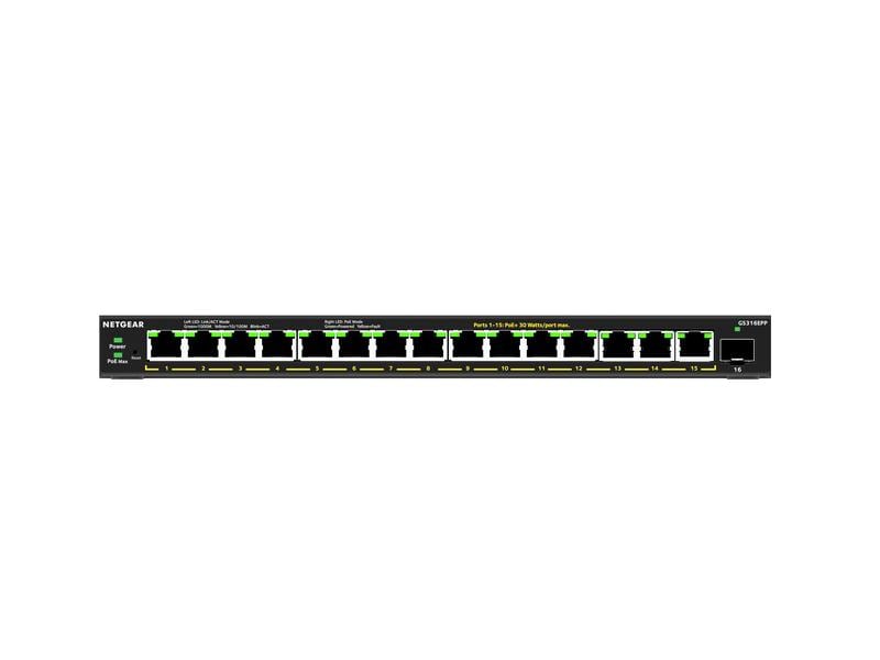 Netgear PoE  Switch GS316EPP-100PES 16 Port NETGEAR 16-Port Gigabit Ethernet Plus Switch mit PoE   (231W) und 1 SFP Port (GS316EPP-100PES)