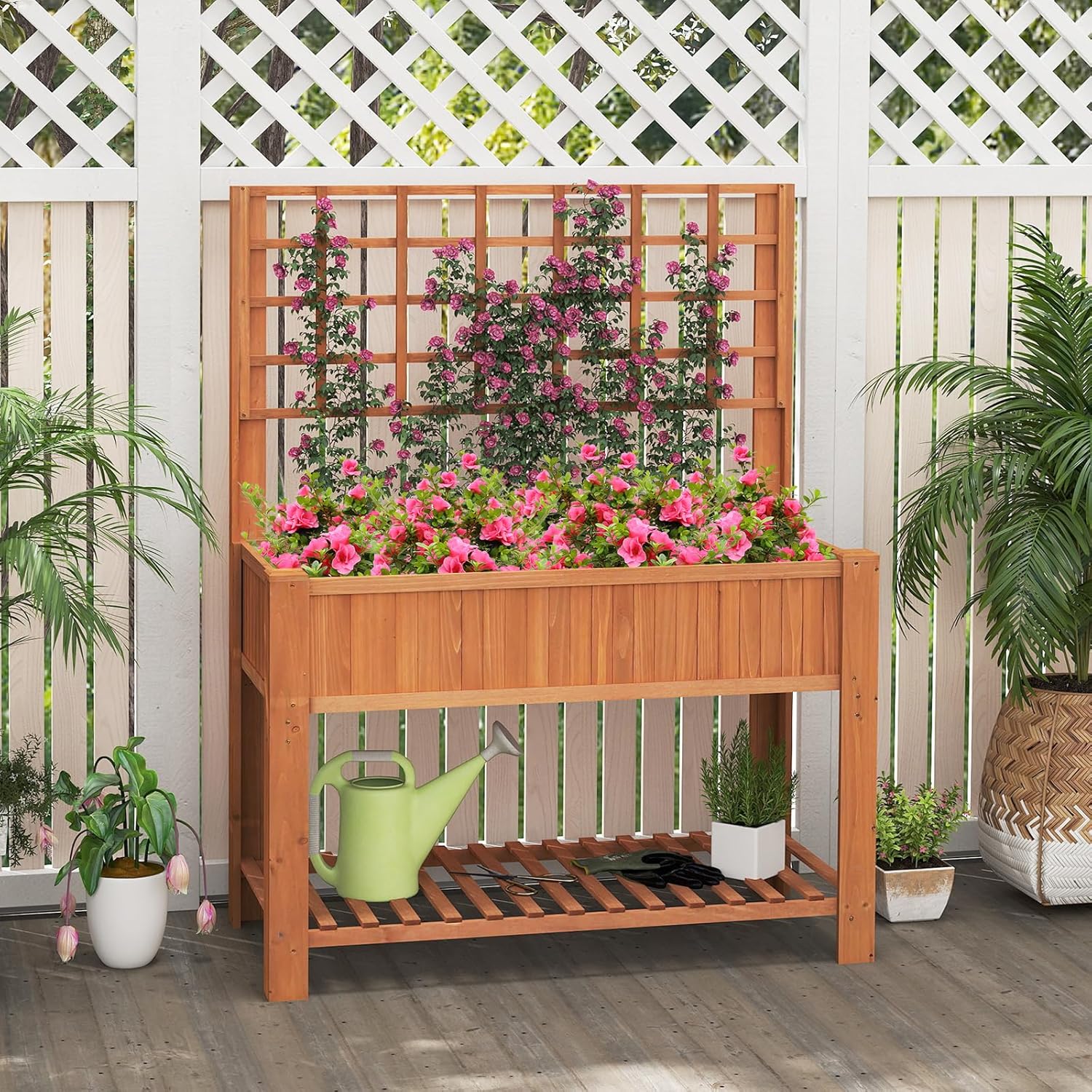 COSTWAY Hochbeet mit Spalier und Ablage, Blumenbeet mit Ablauflöchern, Gartenbeet Pflanzkasten Holz, Blumenkasten mit Rankgitter für Kletterpflanzen, Garten Balkon Terrasse, 116 x 59 x 150 cm (Braun)