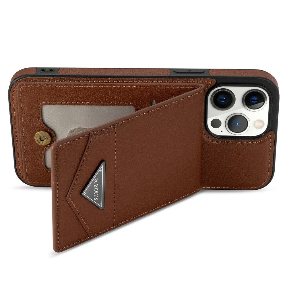 iPhone 15 Pro Hybrid Leder Hardcase Hülle mit Kartenfächer mit Aufsteller (RFID Schutz) - Braun