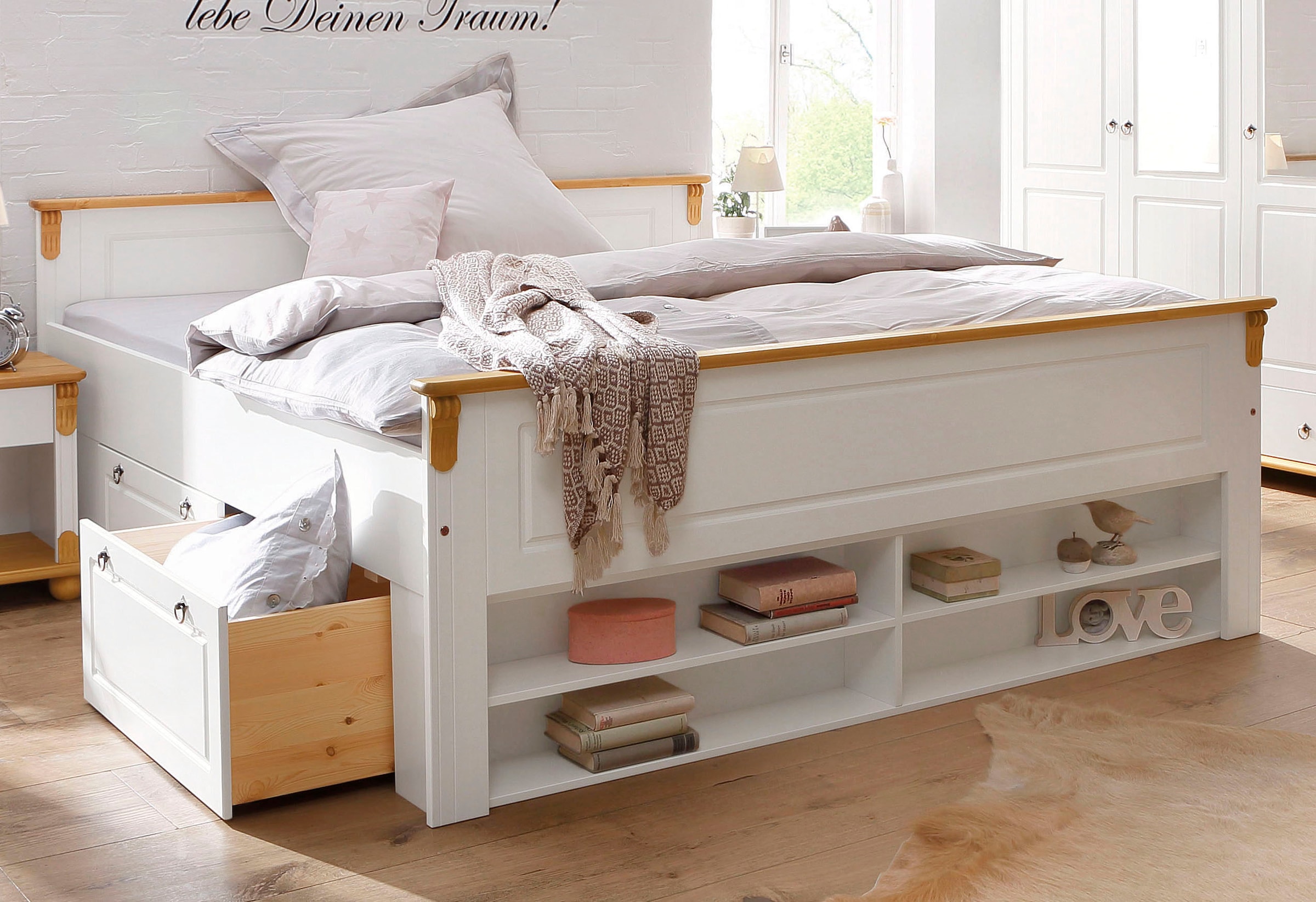 Home affaire Massivholzbett »Tessin, Stauraumbett, Landhausstil, Schubladen optional, rustikal« Breite/Belastbarkeit 180cm/220 KG, 140cm/180 KG,  zertifizierte Kiefer, Kassetten-Optik, stabile Qualität