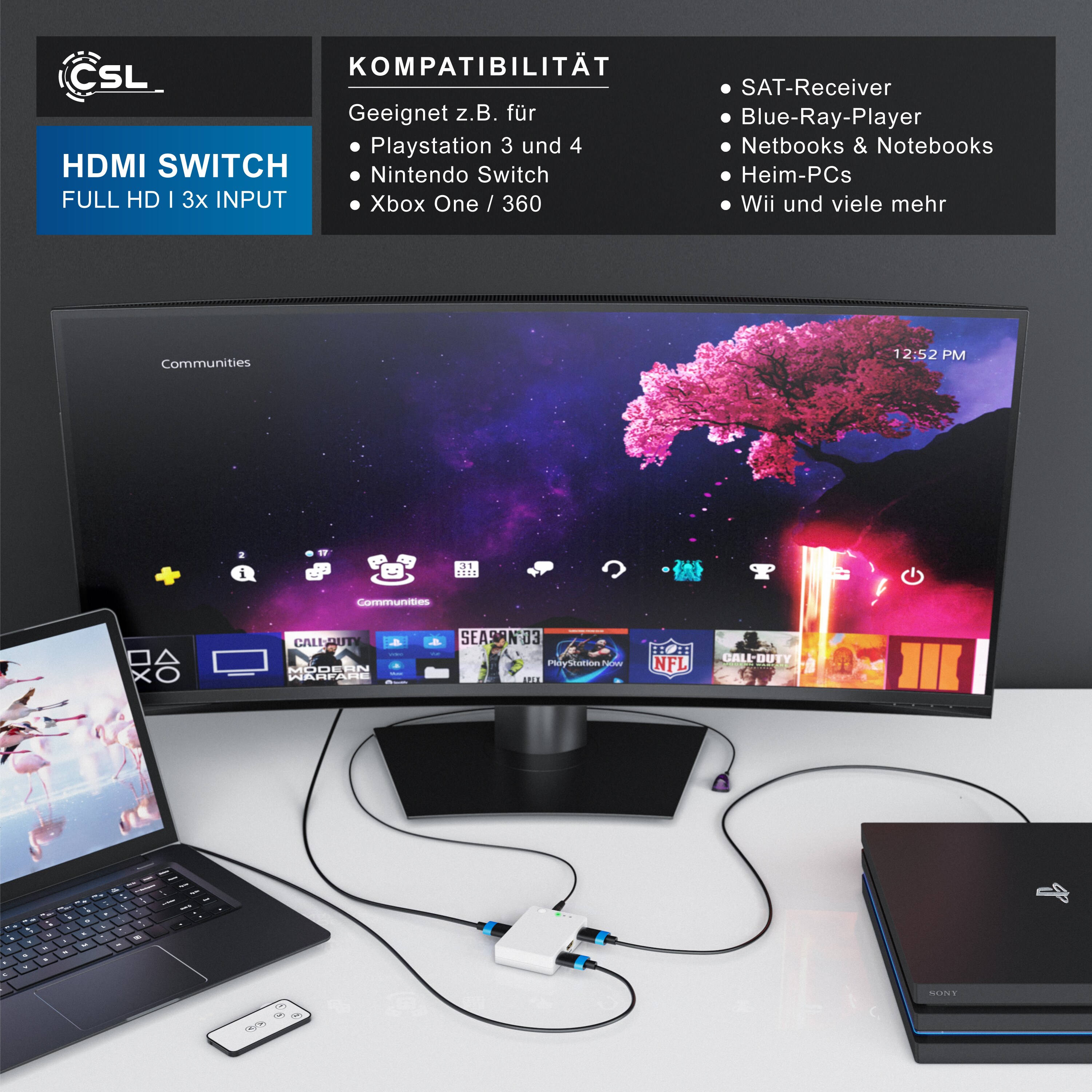 CSL HDMI Switch Verteiler 3 in 1 Out, Automatische Umschaltung 3 Port TrueHD, DTS-HD, LPCM 7.1, 5.1, DSD, Dolby-AC3 - mit Verstärker