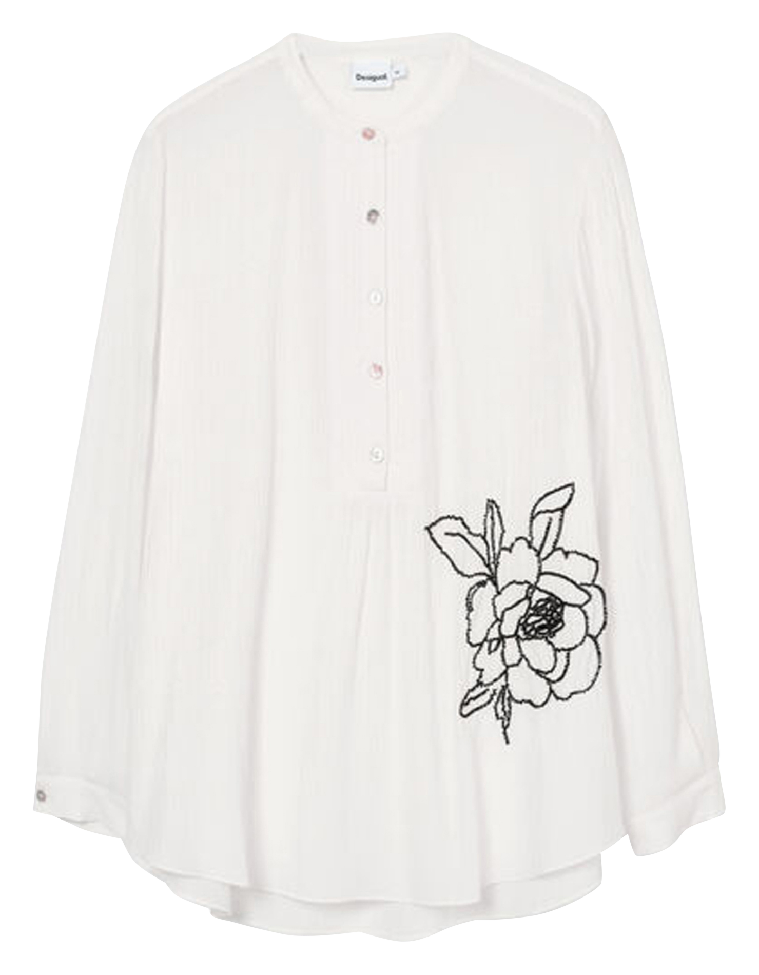 Blouse longue à fleur brodée| Blanc