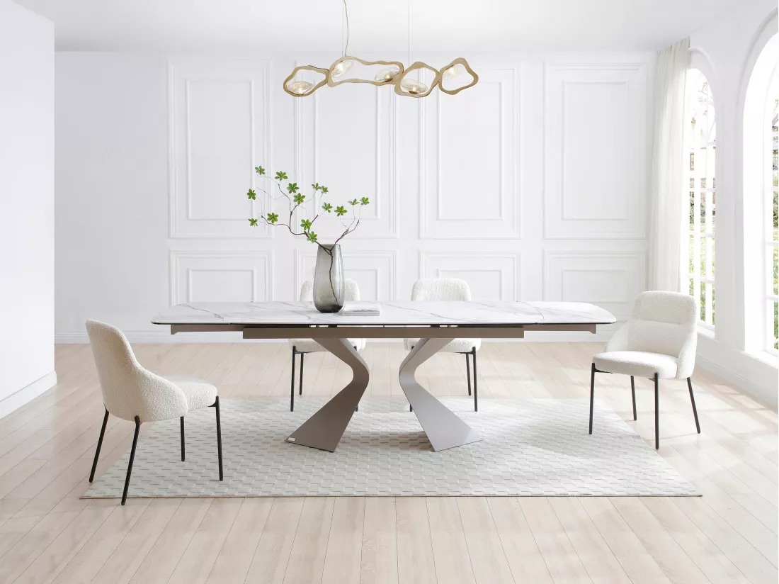 Table à manger extensible 6 à 10 personnes céramique, verre trempé et métal taupe - Effet marbre blanc - KAJARI de Maison Céphy