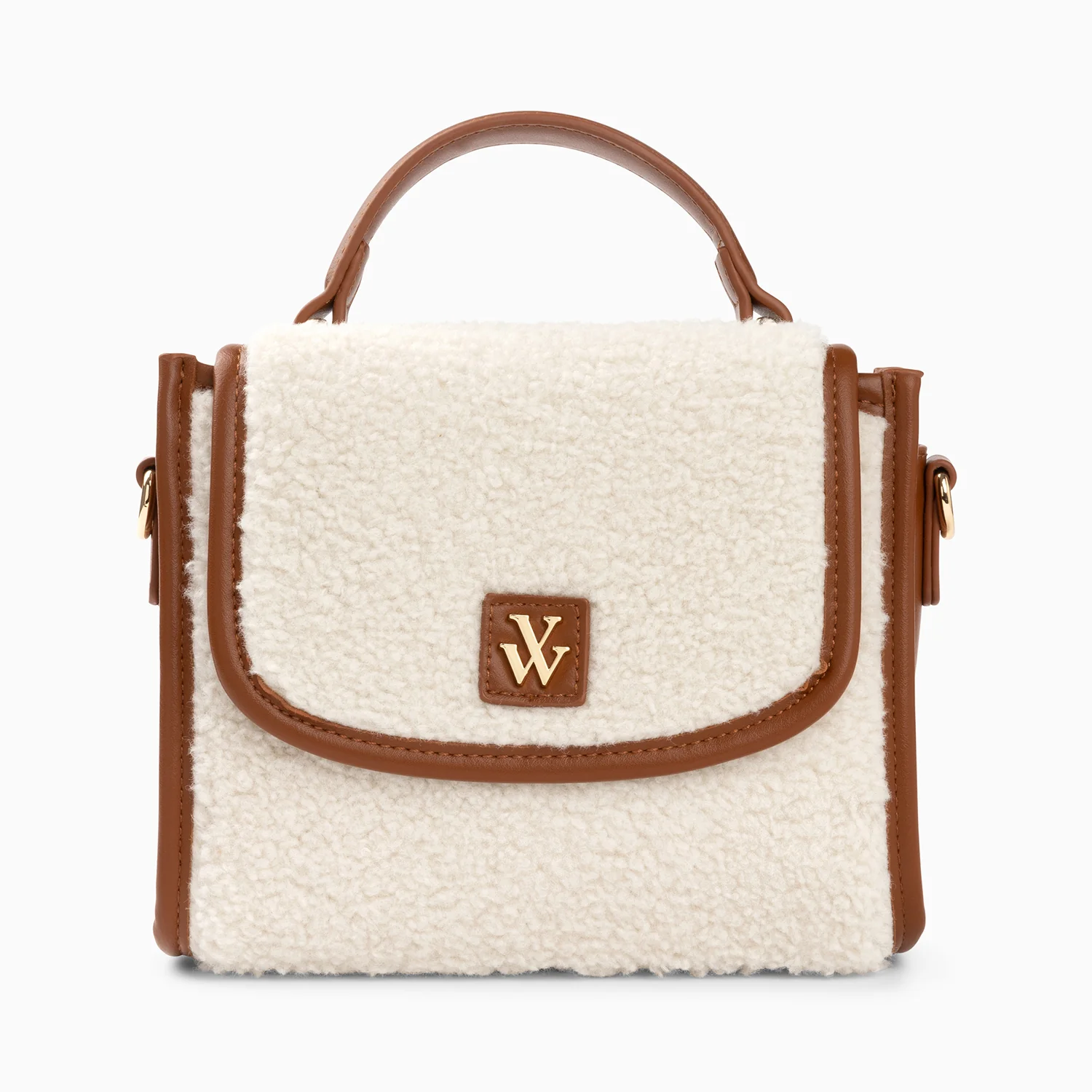 Sacs-Mini sac à main Victoria ivoire et camel en faux shearling