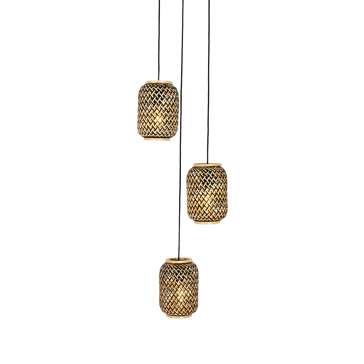 Oosterse hanglamp bamboe met zwart 3-lichts - Yvonne
