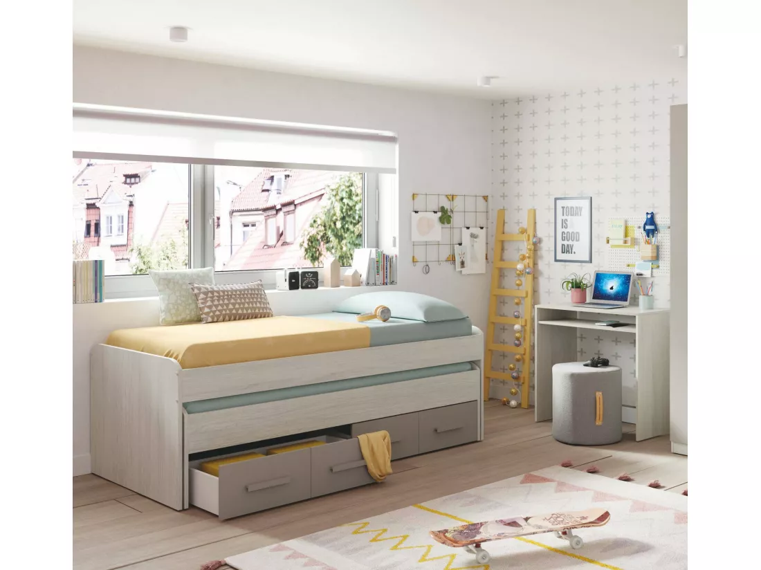 Lit simple Dmerli, Cadre de lit pour chambre à coucher, Lit simple avec lit extractible et 4 tiroirs, 198x96h69 cm, Blanc et Marron