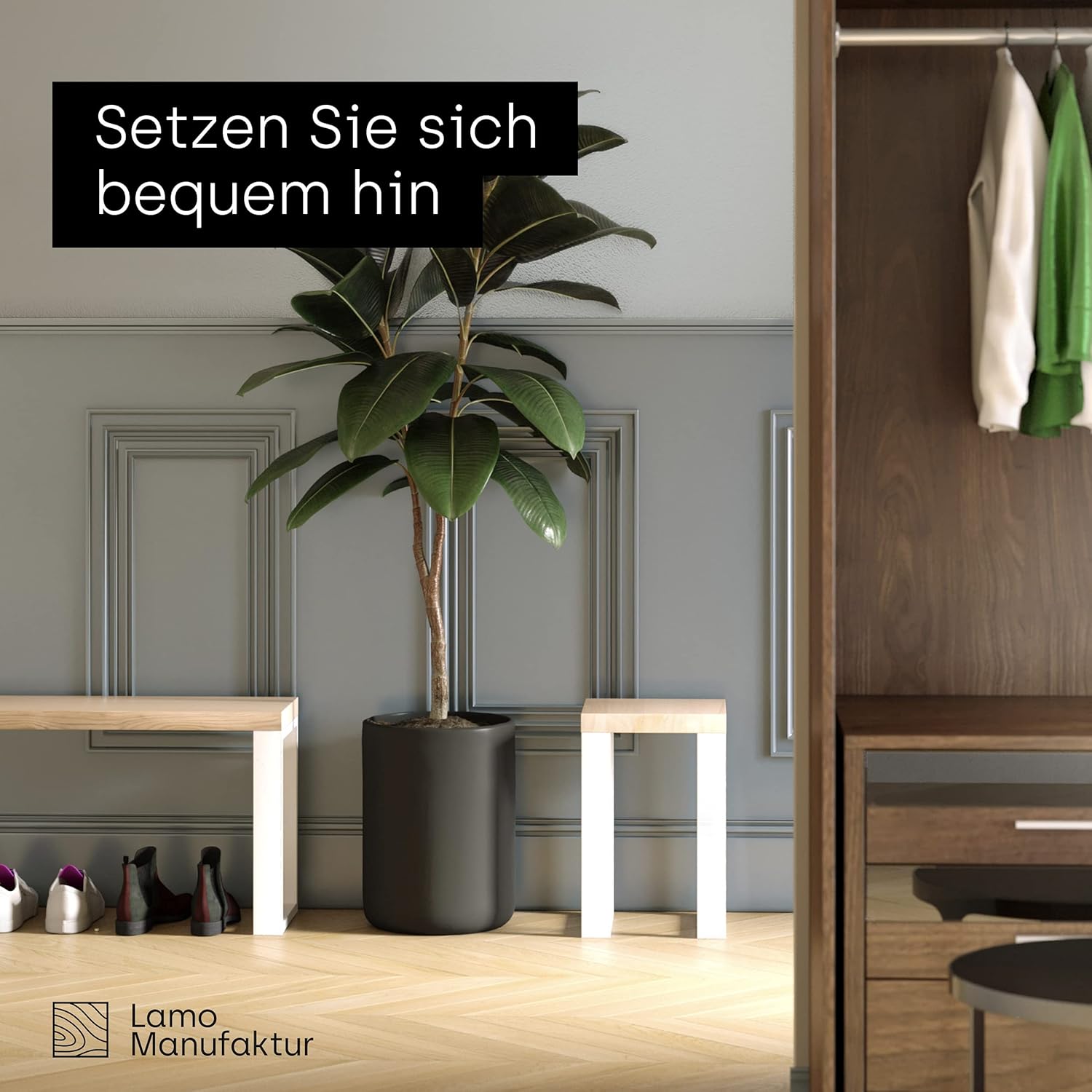 LAMO Manufaktur Sitzbank Flur Holzbank 30x160x47 cm, Möbelfüße Simple Weiss/Roh, LSB-01-A-001-160-9016S