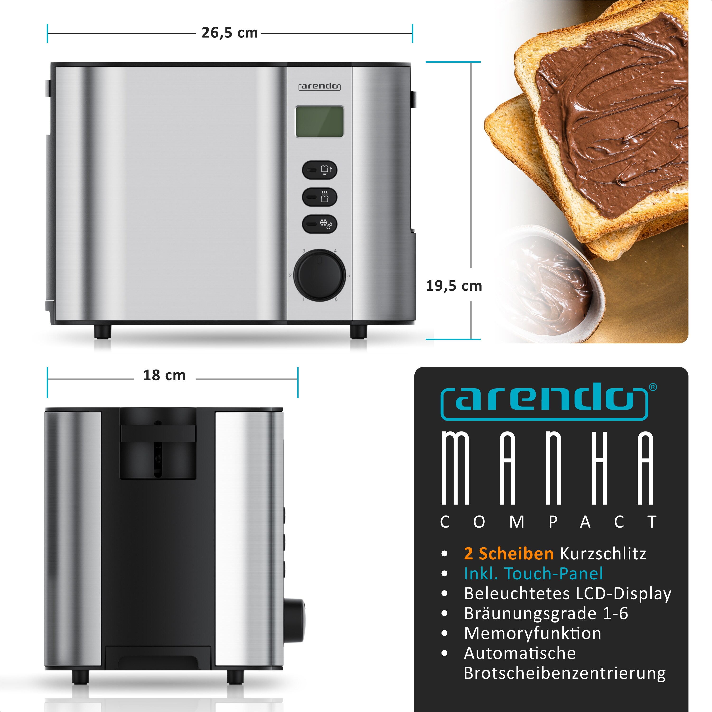 Arendo Toaster für 2 Scheiben mit Restzeitanzeige, 800W, wärmeisolierendes Doppelwandgehäuse, Brötchenaufsatz, Auftaufunktion, Silber