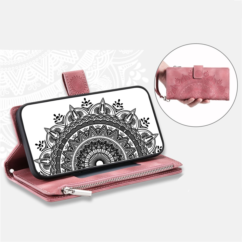 Samsung Galaxy A55 Leder Tasche Flip Cover mit Reissverschluss - Mandala Flowers Imprint - Rosa