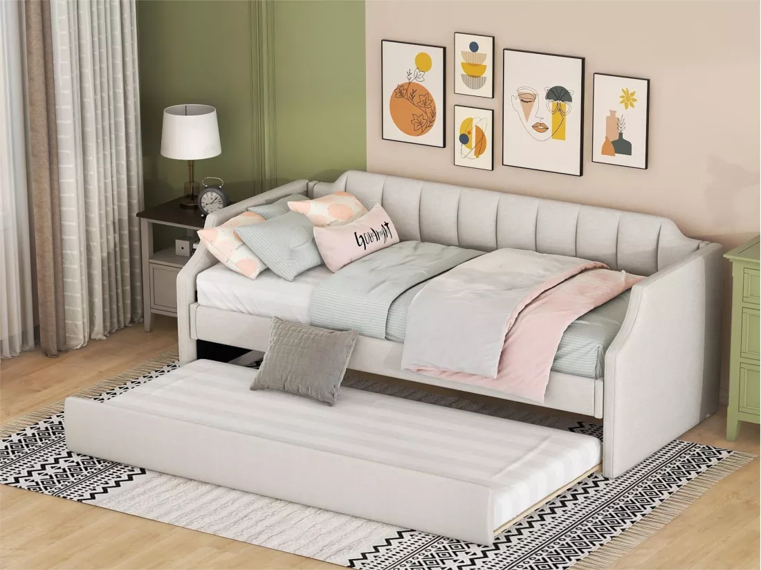 Lit gigogne - 90 x 200 cm et 90 x 190 cm - tissu lin - coloris beige