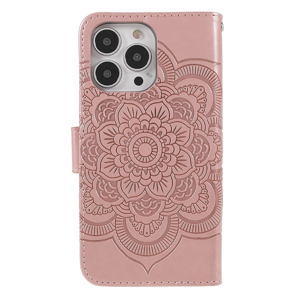 iPhone 13 Pro Leder Tasche Wallet - Mandala Flowers Imprint - Roségold