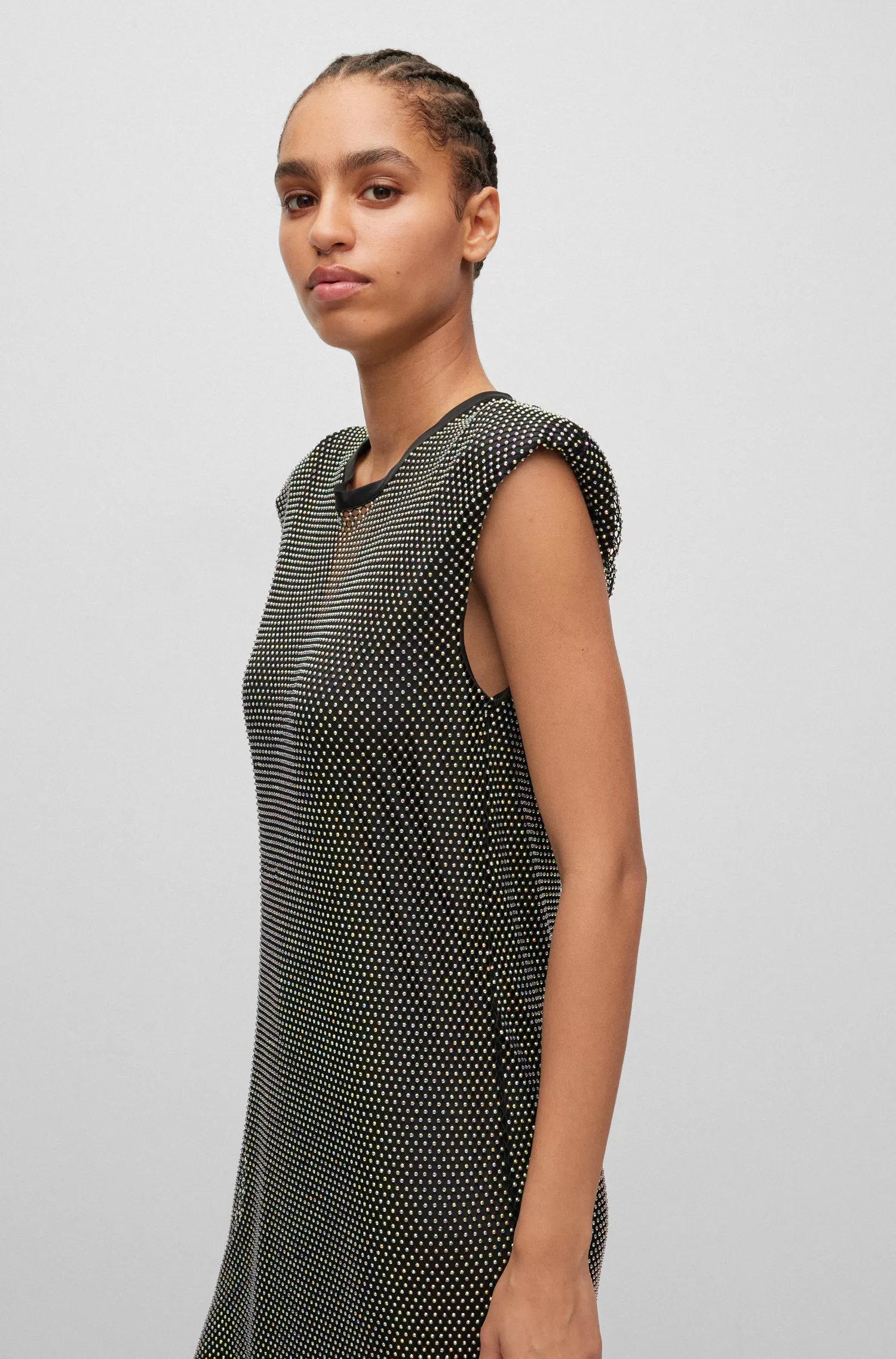 Vestido BOSS laranja sem mangas, modelagem regular, em malha brilhante.