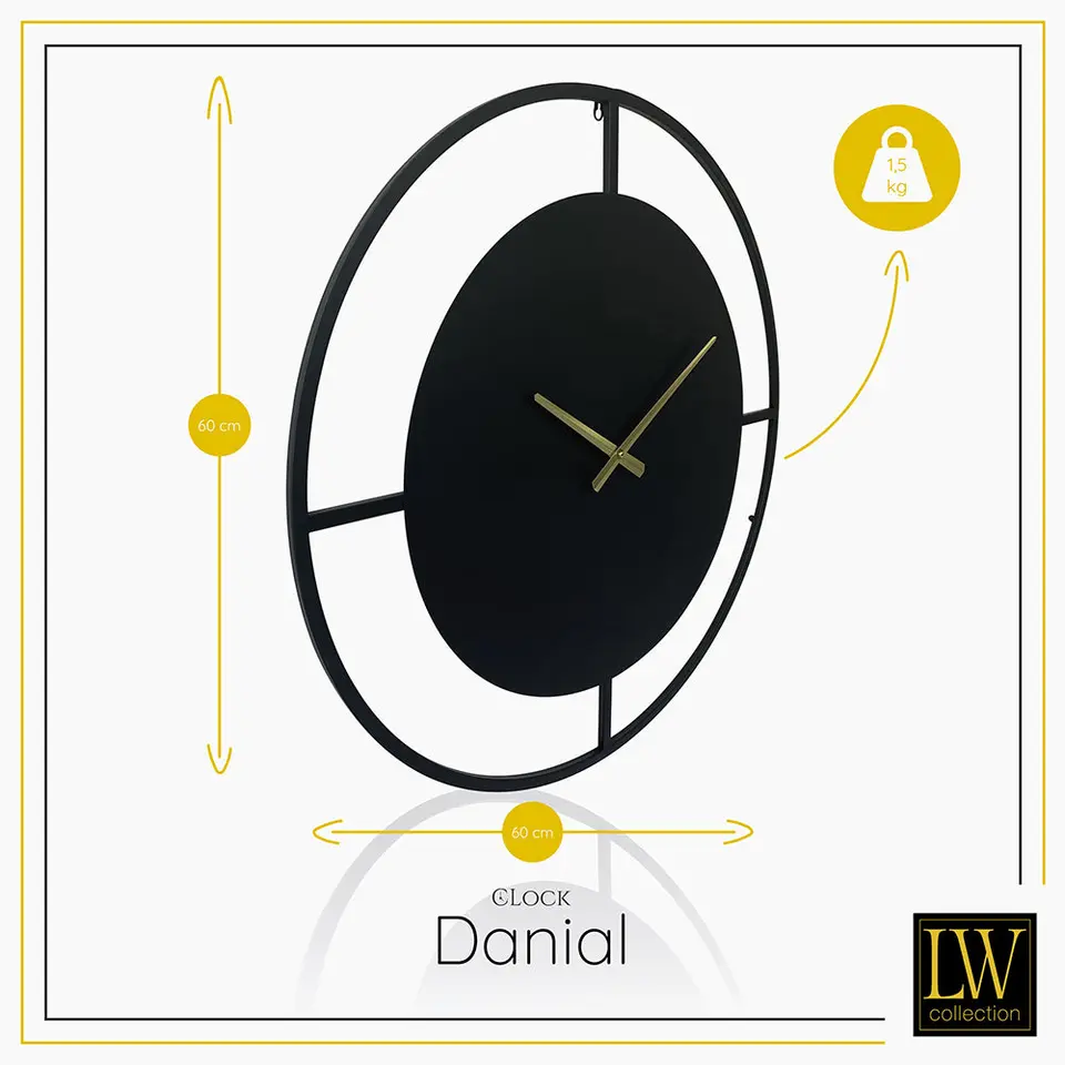 LW Collection Wandklok Danial zwart goud 60cm