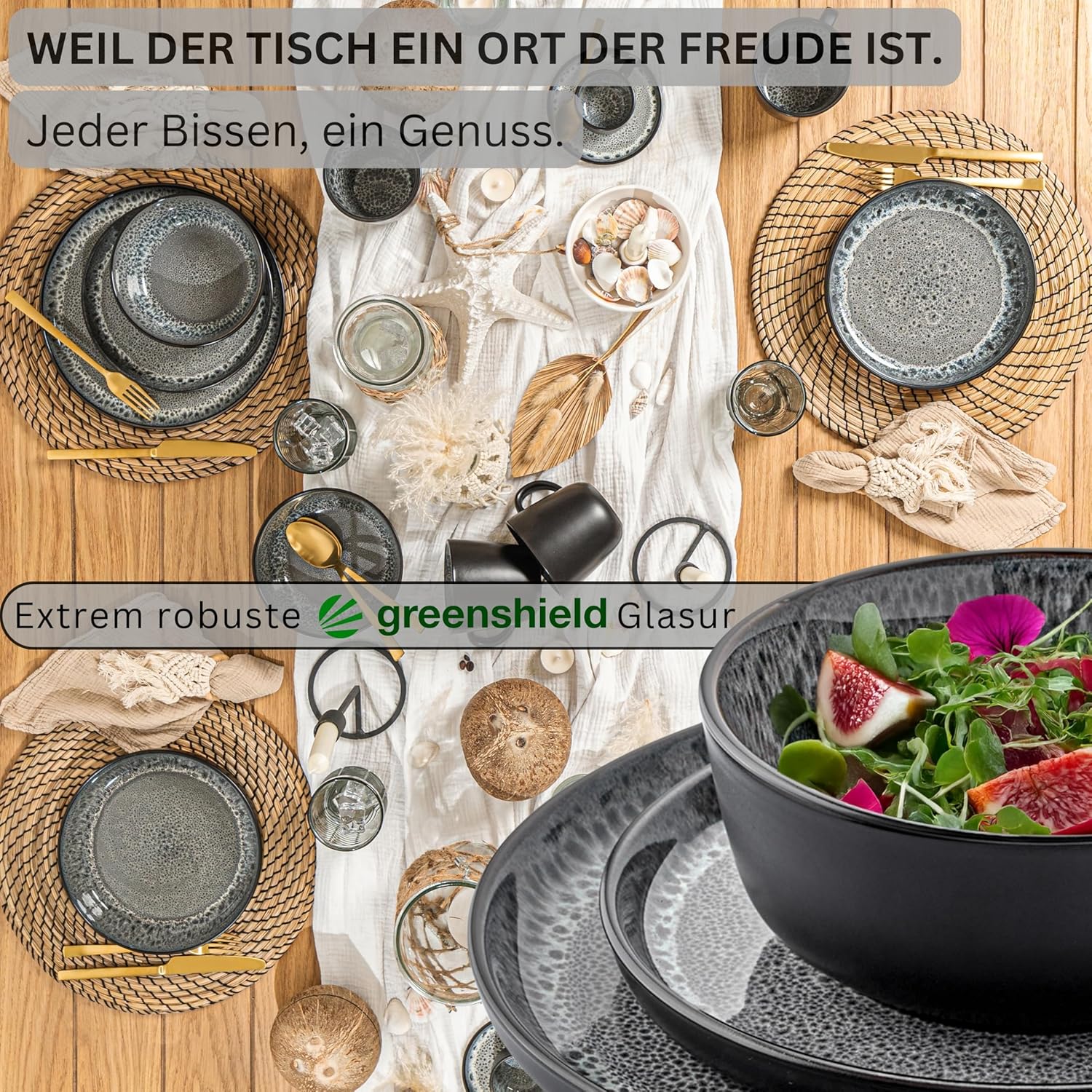 SÄNGER Sydney | Kombiservice 6 Personen, Teller Set Kaffeebecher Pastaschale 30 tlg, Steingut Geschirr Set spülmaschinen- mikrowellen- kratzfest, Geschirrset aus Steingut dunkel grau| VALUE COLLECTION