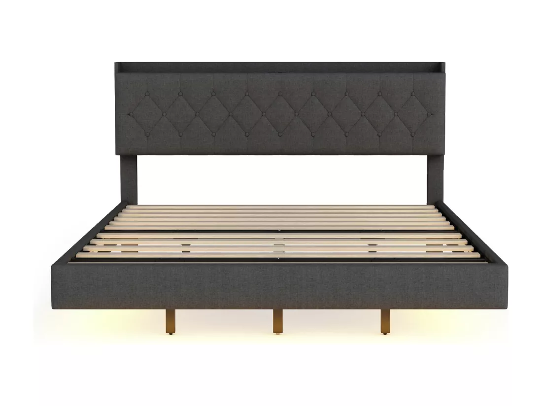 Lit double LED suspendu 160x200cm, en tissu de lin, avec sommier à lattes et tête de lit avec port de chargement USB, gris