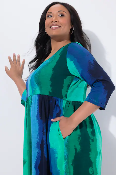 Maxikleid, Batikmuster, A-Linie, Carré-Ausschnitt, 3/4-Arm, marine
