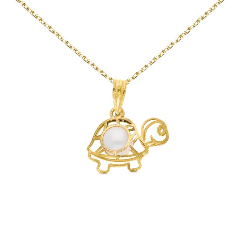 Collier - Pendentif Tortue Or Jaune et Perle - Chaine Dorée