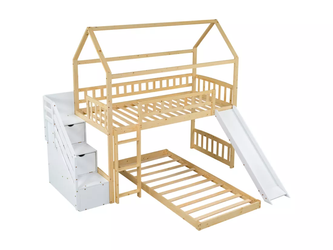 Lit superposé 2x90x200cm, lit cabane enfnat avec toboggan,avec 3 escaliers de rangement, cadre en bois, naturel+blanc