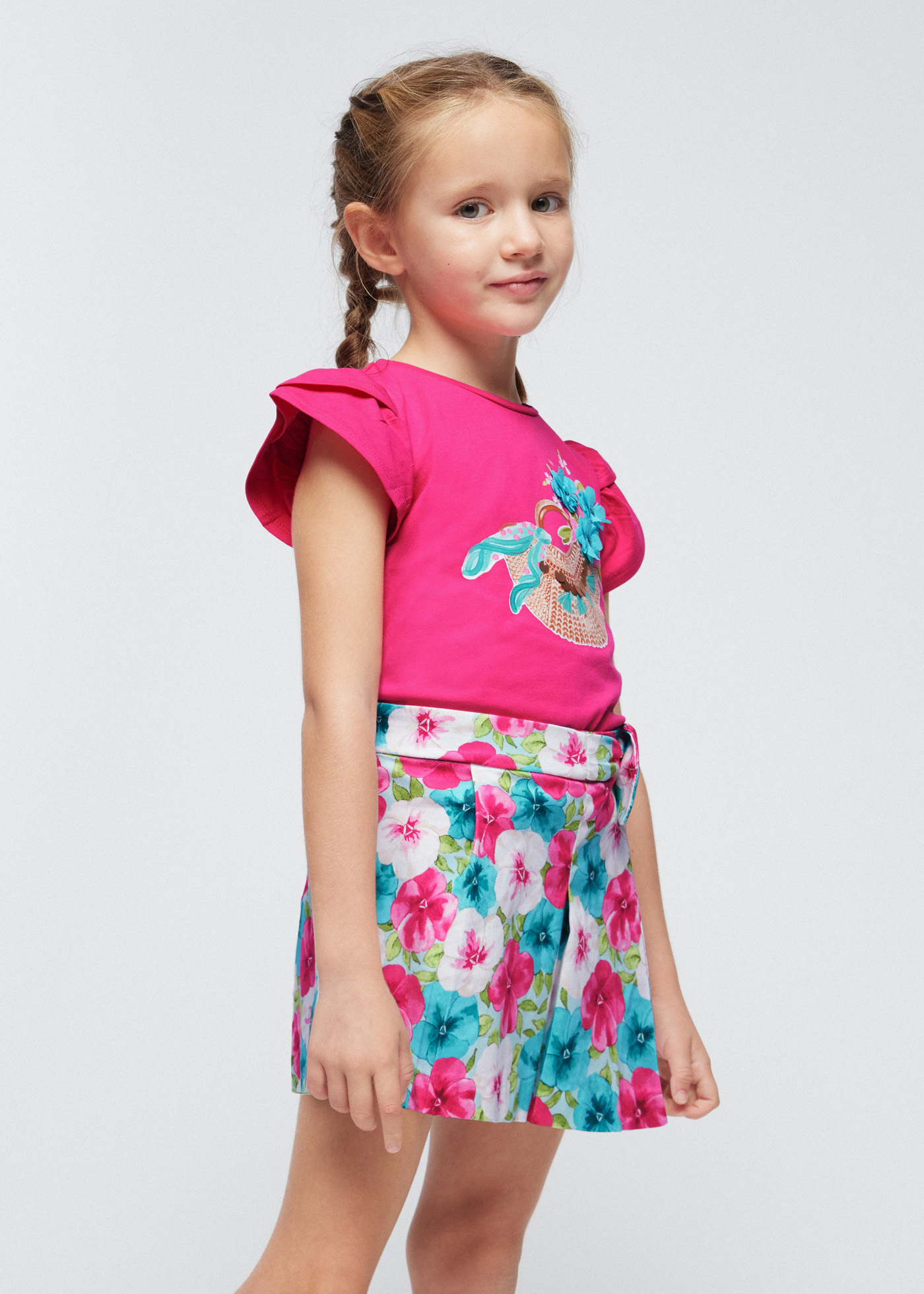 Shorts de cetim estampado fúcsia para meninas