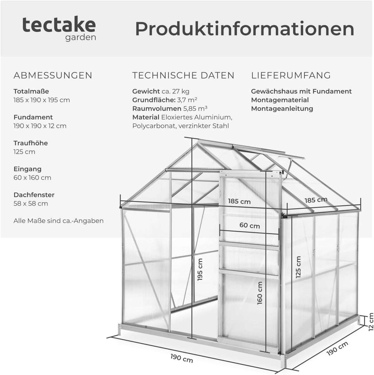 TecTake 800416 - Gewächshaus 190x185x195 cm, Stabile Rahmenkonstruktion aus eloxiertem Aluminium - Diverse Modelle (mit Fundament | Nr. 402472)