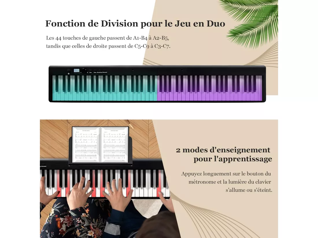 Piano Numérique Pliable à 88 Touches avec Pupitre, Clavier Electrique Portable avec Touche Lumineuse,2 Modes d'Apprentissage, MP3/USB/MIDI, 3 Ans+, Noir