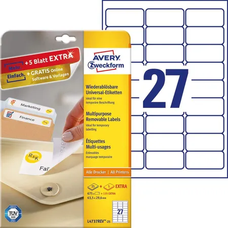 Avery Zweckform L4737REV-25 Universal-Etiketten,A4 63,5 x 29,6 mm, 30 Bogen/810 Etiketten, weiß