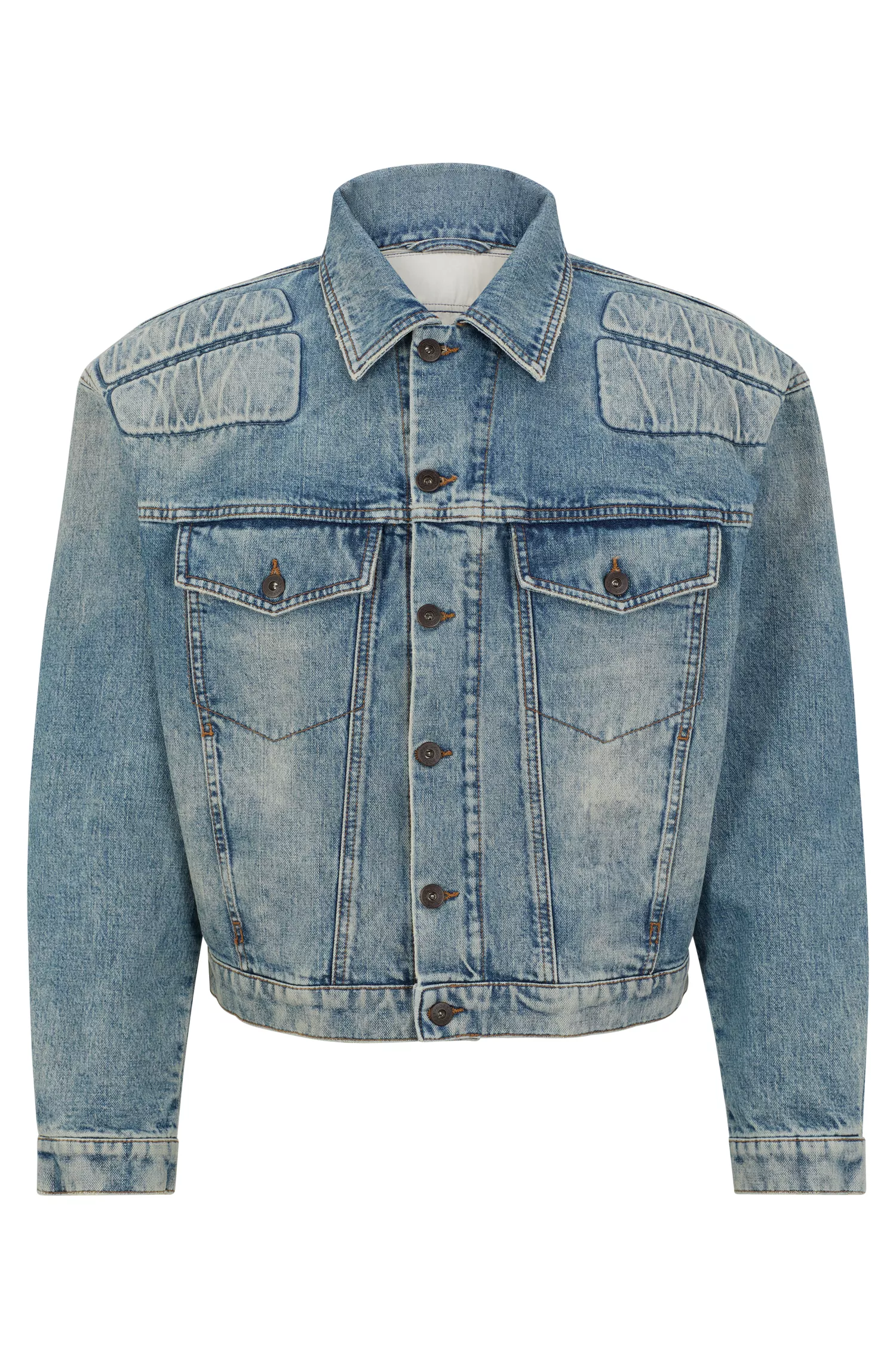 Jaqueta BOSS estilo motociclista na cor laranja, em denim sarjado azul médio.