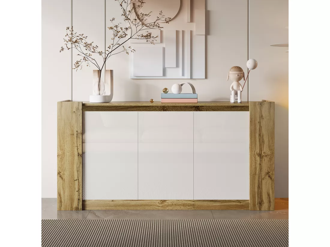 Buffet avec 3 portes en blanc brillant - 150 x 40 x 70.5 cm - LEDs - Etagères réglables - panneau de particules - Naturel et blanc