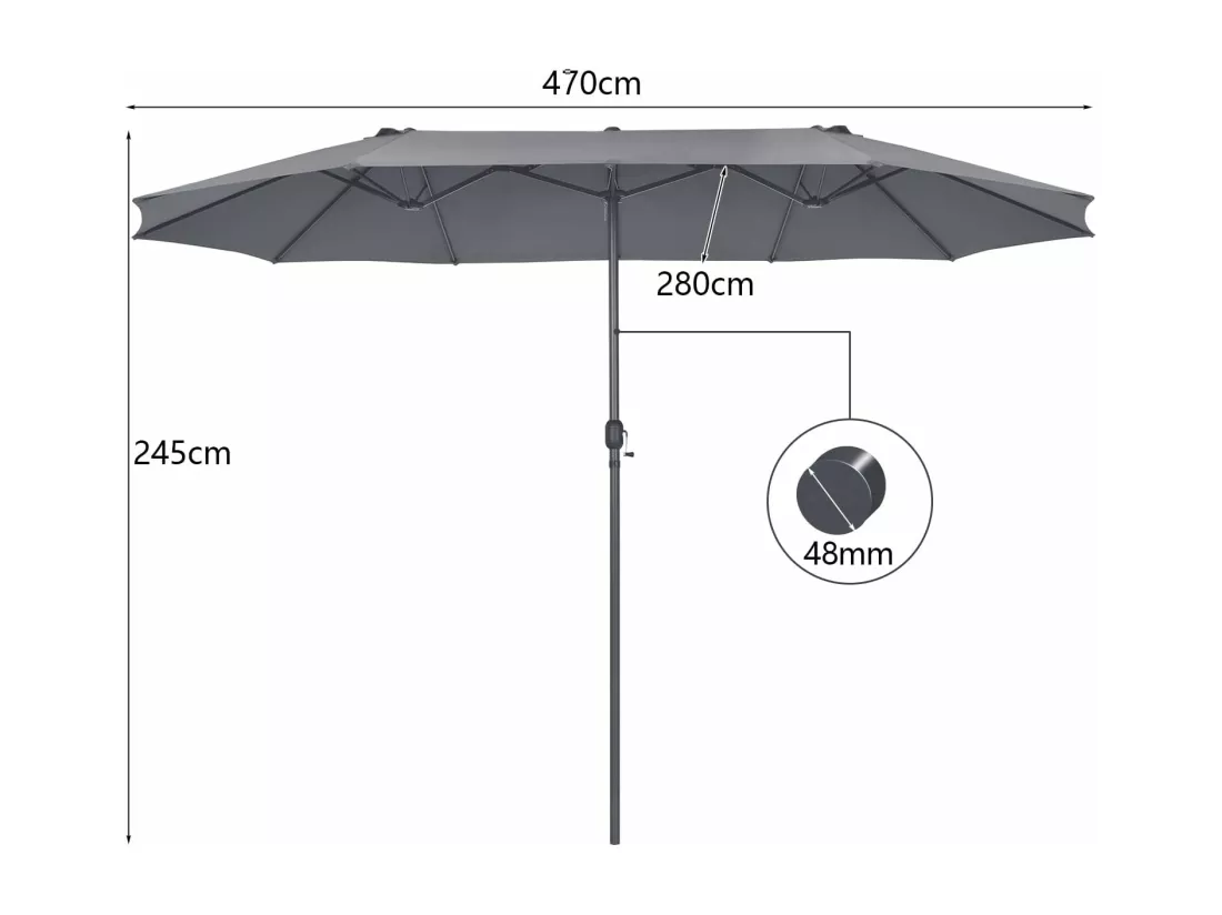 Parasol de Jardin Extérieur 470 x 280 CM Grande Taille XXL, Parasol Plage à 12 Côtes Manivelle Cadre Métal Toile Polyester, Parasol Double Jumeau pour Cour, Patio, Terrasse, Piscine (Gris)